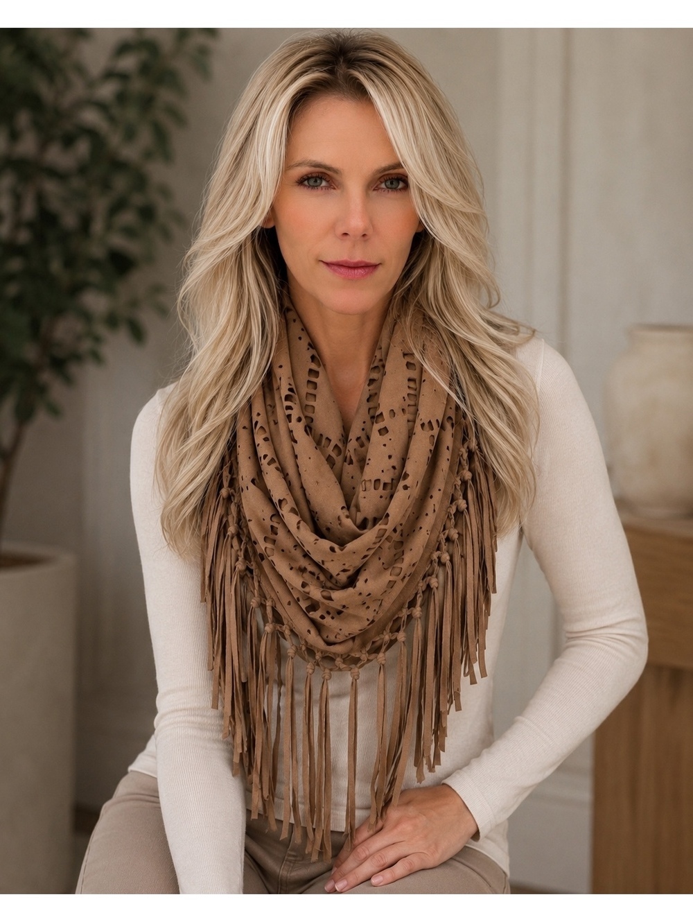 Altar'd State Camel Faux Suede Laser-Cut Fringe Infinity Scarf